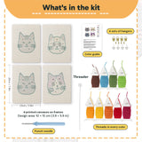 What is in the Grumpy Cat Faces set: 4 printed canvases, punch needle, threader, threads, color guide and 4 sets of hangers (6 × 8 in (15 × 20 cm) each)