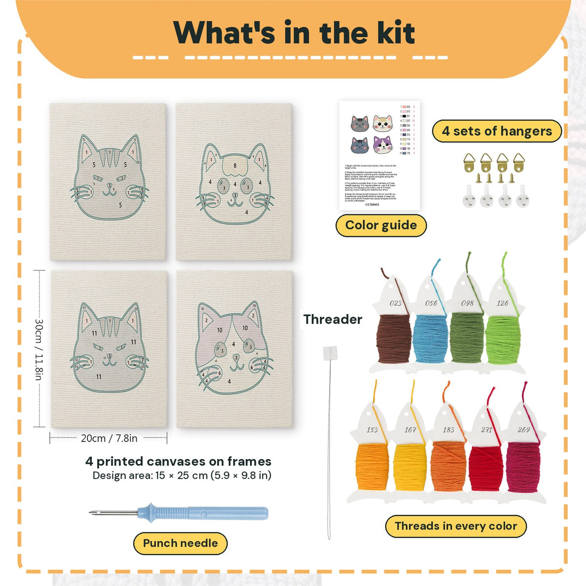 What is in the Grumpy Cat Faces set, 8 × 12 in (20 × 30 cm) each: 4 printed canvases, punch needle, threader, threads, color guide and 4 sets of hangers