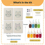 What is in the Grumpy Cat Faces set, 8 × 12 in (20 × 30 cm) each: 4 printed canvases, punch needle, threader, threads, color guide and 4 sets of hangers