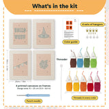 What is in the Halloween Bunting set, 8 × 12 in (20 × 30 cm) each: 4 printed canvases, punch needle, threader, threads, color guide and 4 sets of hangers