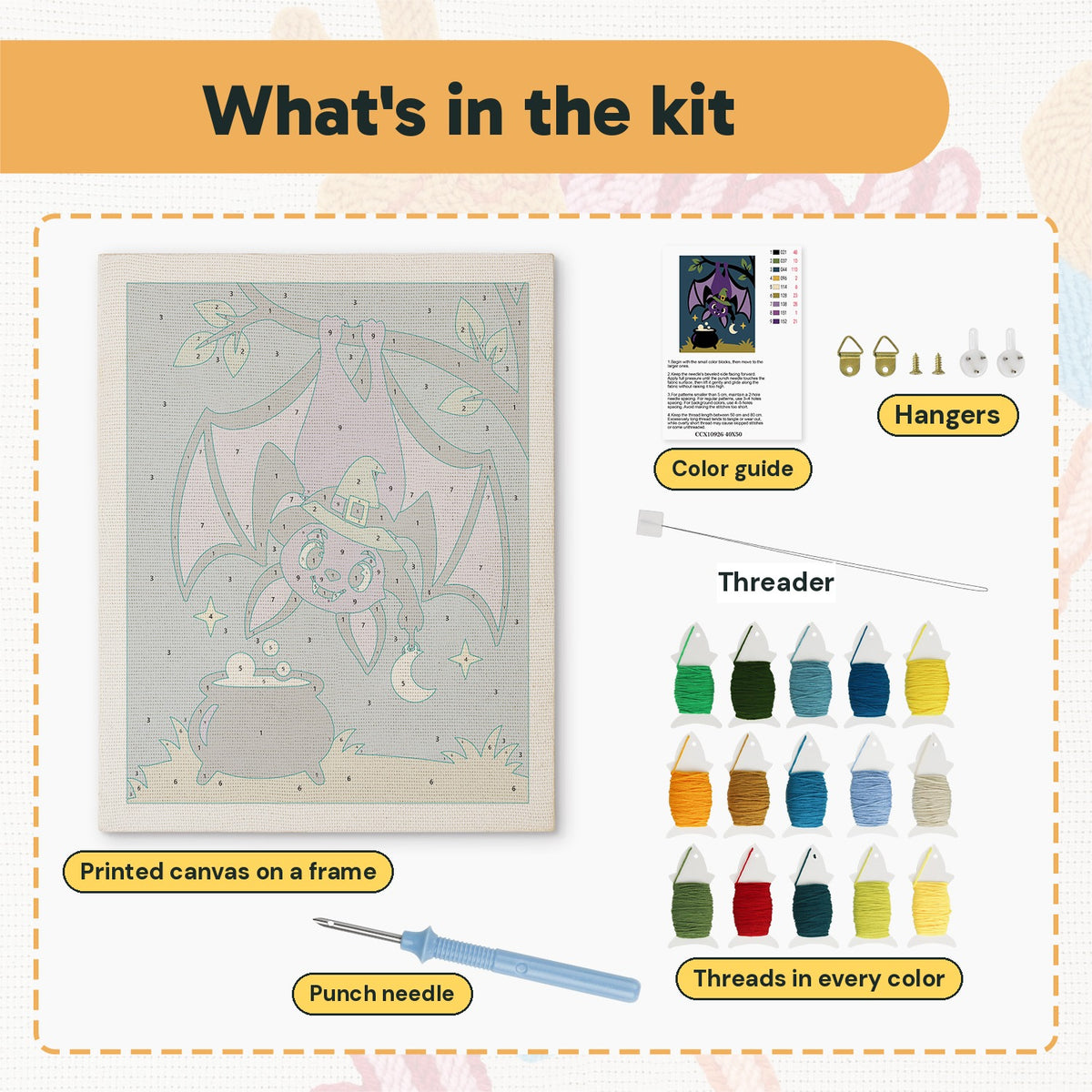 What is in the Hanging Bat Witch kit: printed canvas, punch needle, threader, threads, color guide and hangers