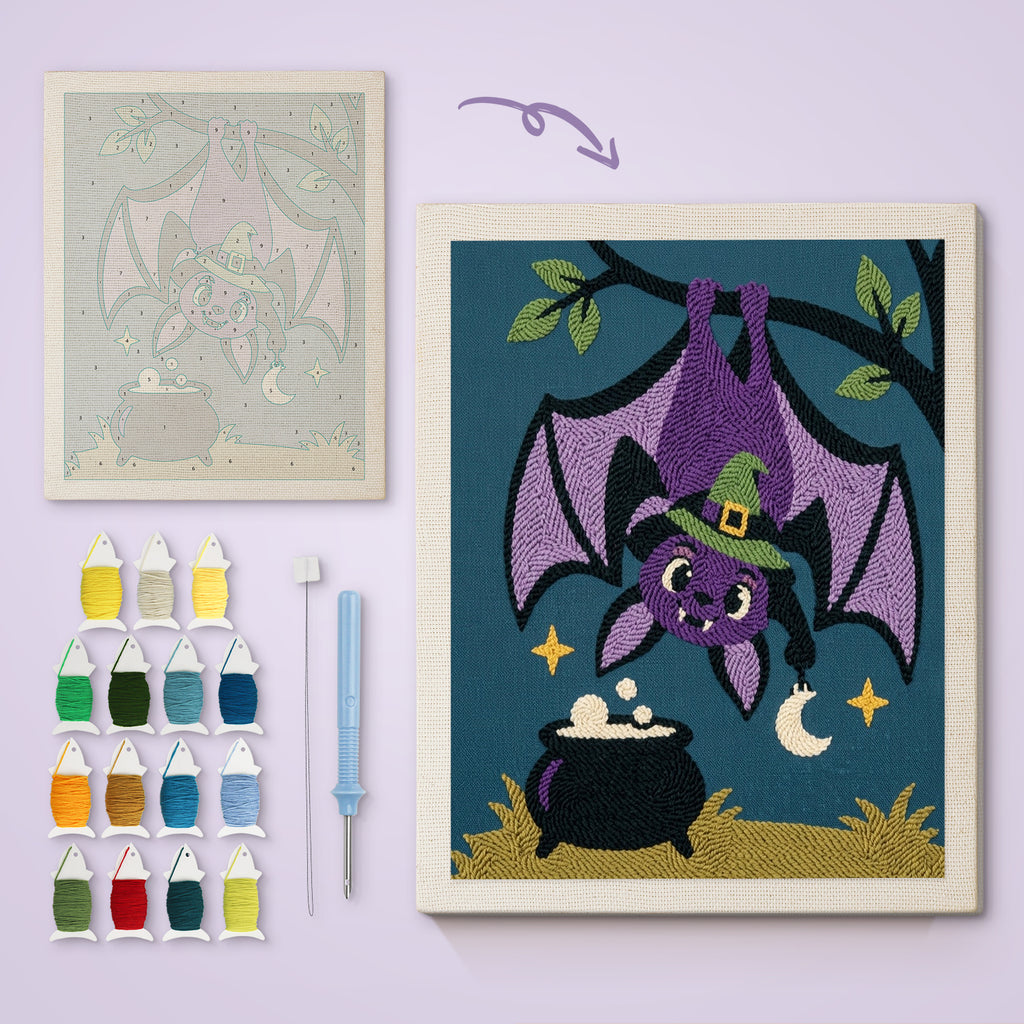 Hanging Bat Witch canvas before and after punching, with the threads and tools