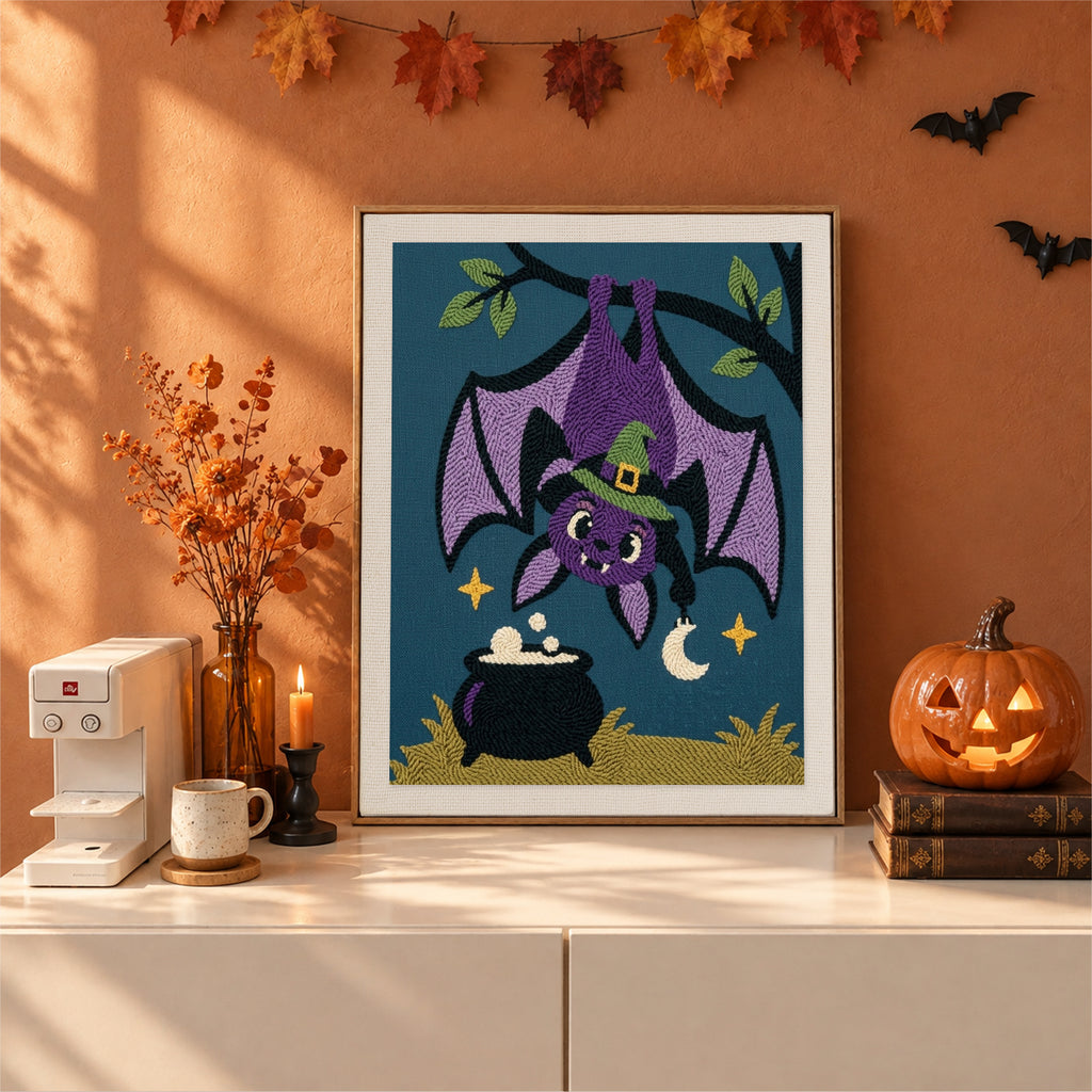 Finished Hanging Bat Witch punch needle canvas on a wall