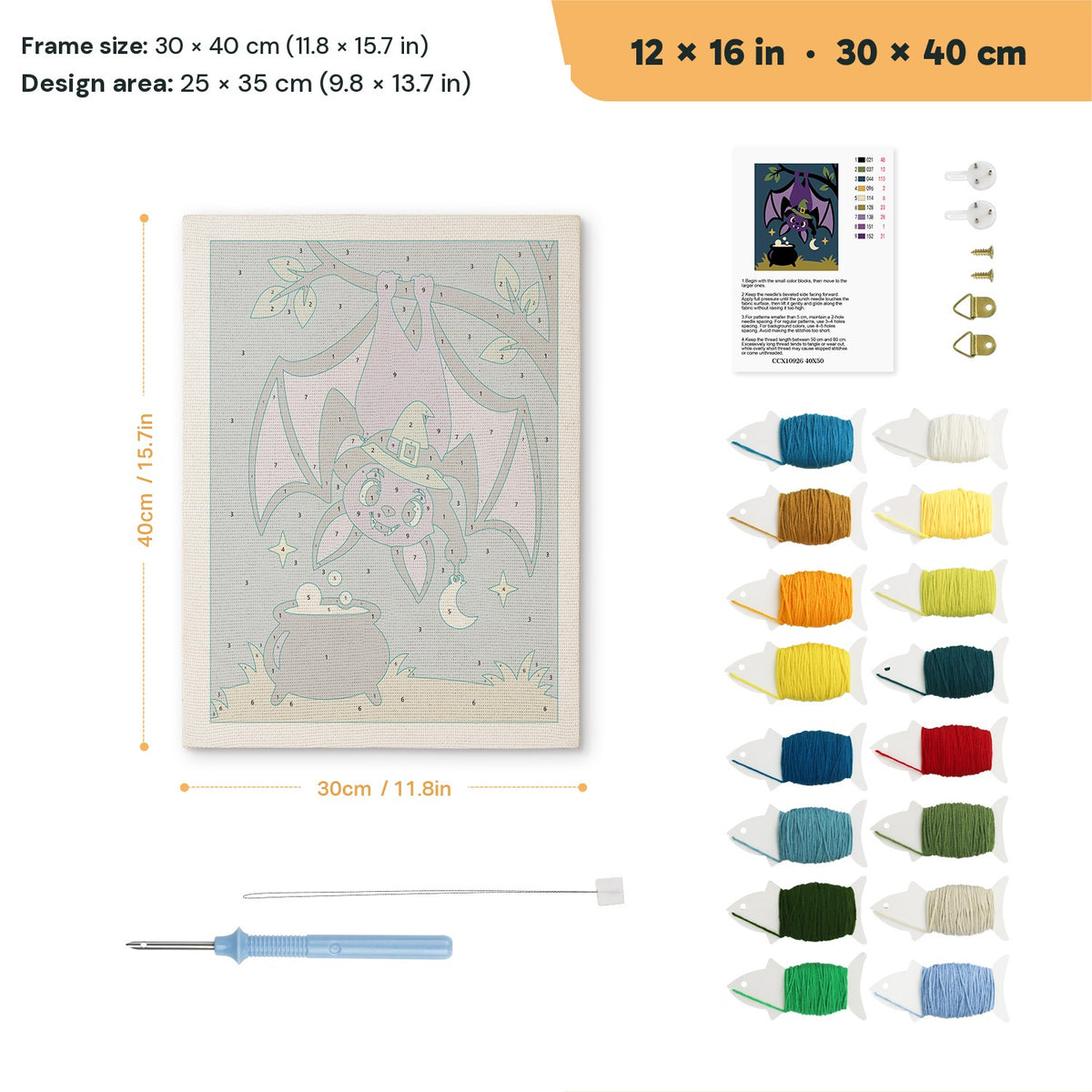 Hanging Bat Witch punch needle kit, 12 × 16 in (30 × 40 cm): canvas size and kit contents