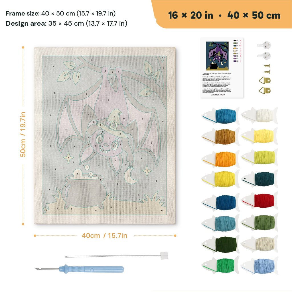 Hanging Bat Witch punch needle kit, 16 × 20 in (40 × 50 cm): canvas size and kit contents