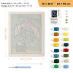 Hanging Bat Witch punch needle kit, 16 × 20 in (40 × 50 cm): canvas size and kit contents