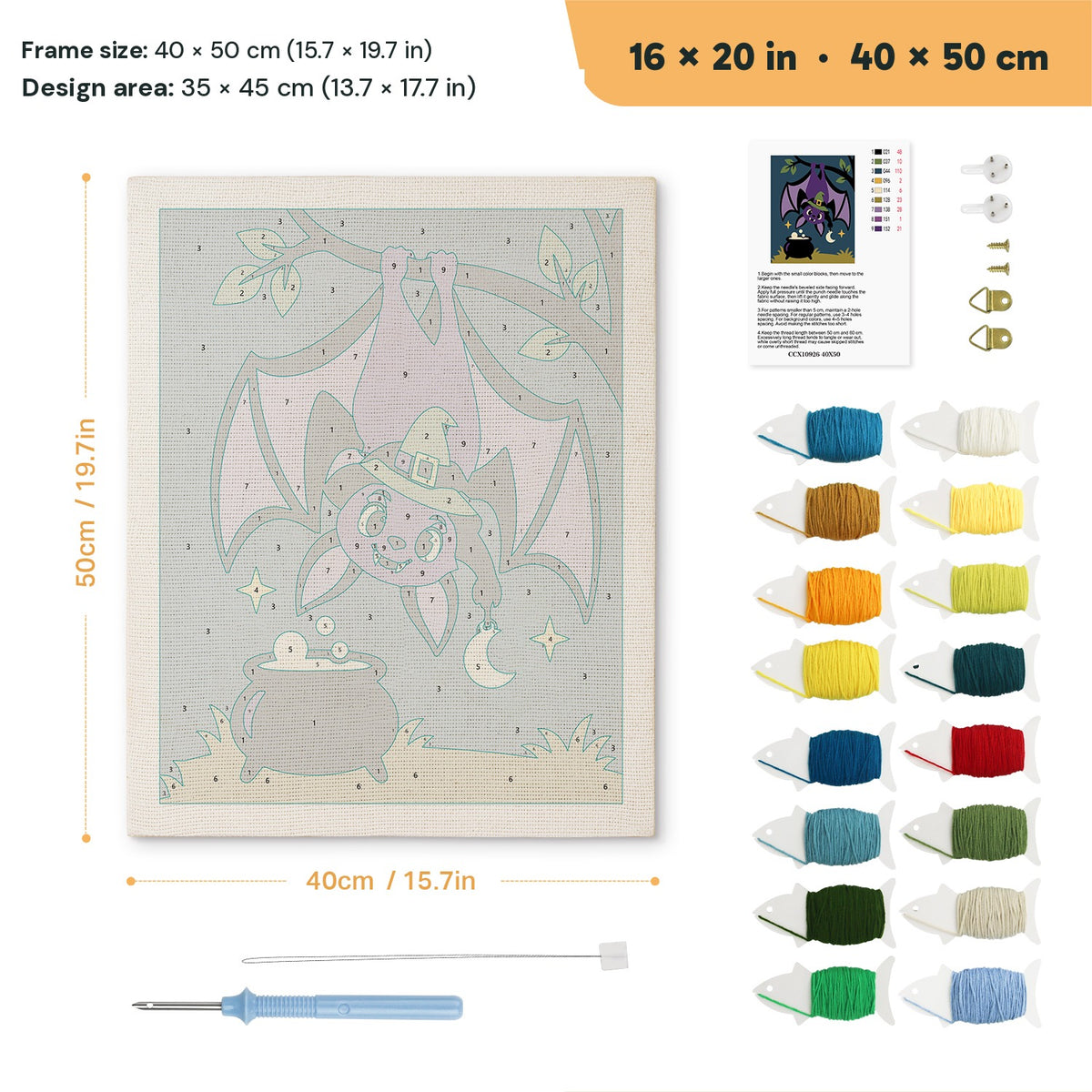 Hanging Bat Witch punch needle kit, 16 × 20 in (40 × 50 cm): canvas size and kit contents