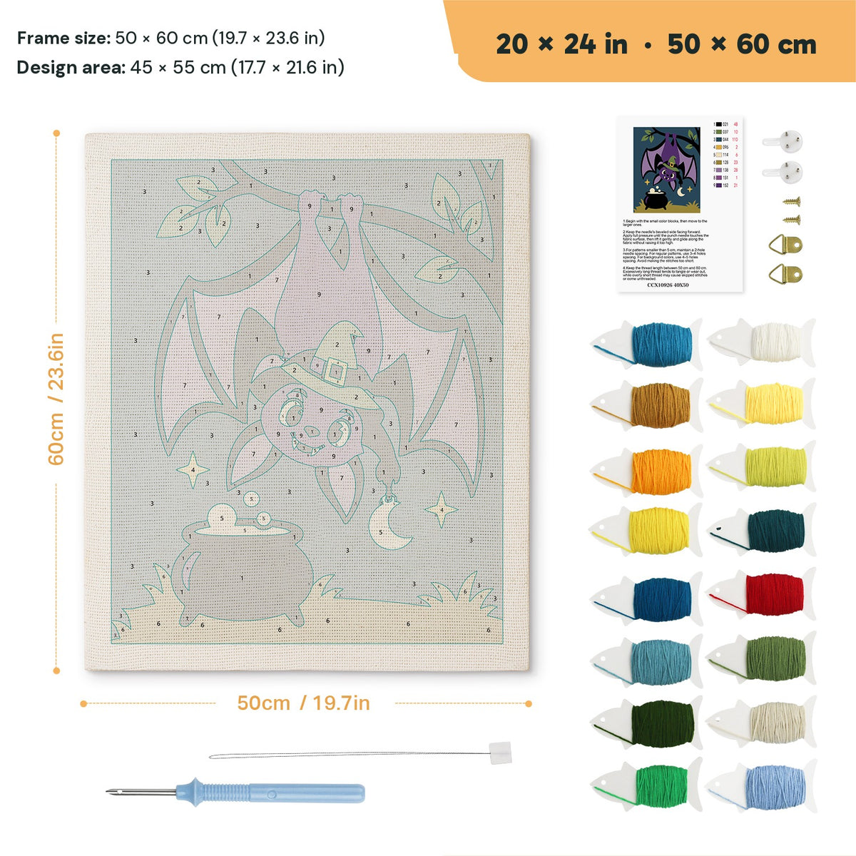 Hanging Bat Witch punch needle kit, 20 × 24 in (50 × 60 cm): canvas size and kit contents