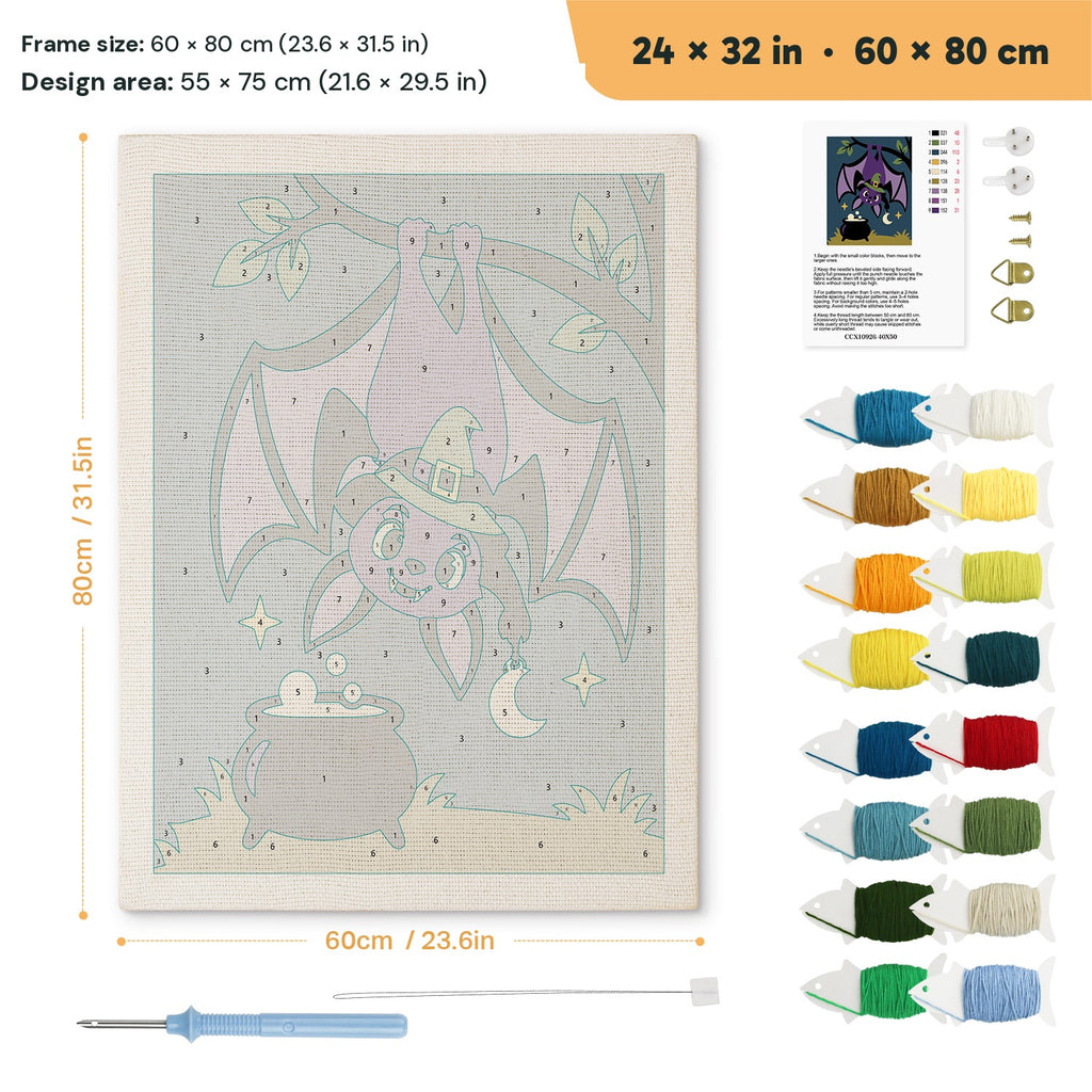 Hanging Bat Witch punch needle kit, 24 × 32 in (60 × 80 cm): canvas size and kit contents
