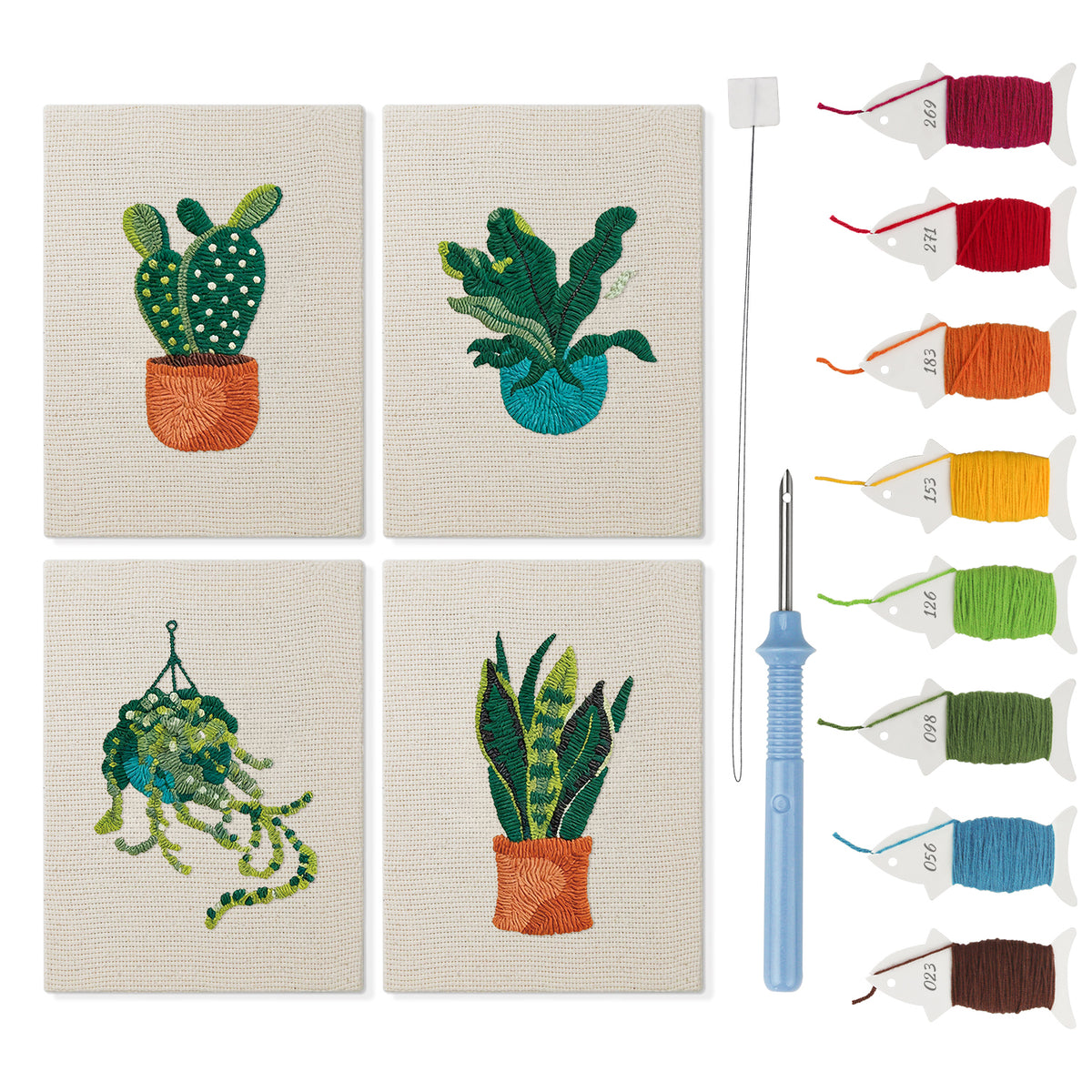 Hanging Plant Corner mini punch needle kit set: four finished canvases with threads, punch needle and threader