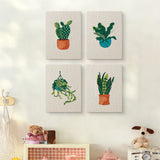 The four Hanging Plant Corner mini canvases on a wall above a shelf