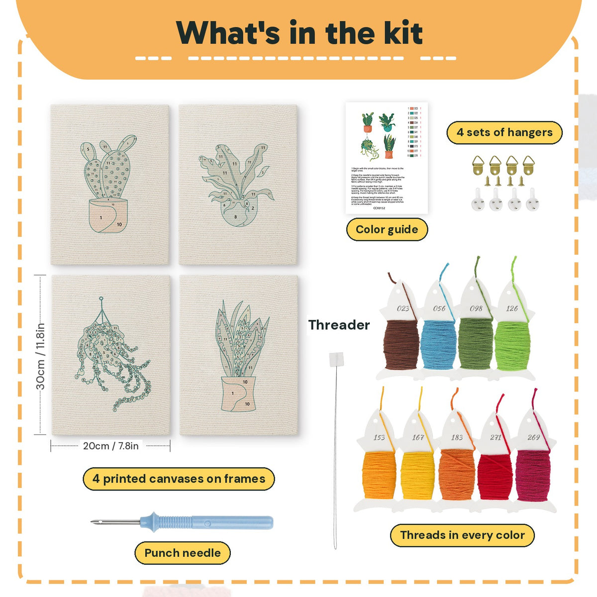 What is in the Hanging Plant Corner set, 8 × 12 in (20 × 30 cm) each: 4 printed canvases, punch needle, threader, threads, color guide and 4 sets of hangers