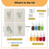 What is in the Hanging Plant Corner set, 8 × 12 in (20 × 30 cm) each: 4 printed canvases, punch needle, threader, threads, color guide and 4 sets of hangers
