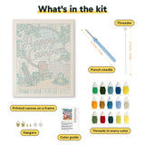 What is in the Happy Campers kit: printed canvas, punch needle, threader, threads, color guide and hangers
