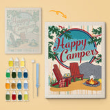 Happy Campers canvas before and after punching, with the threads and tools