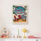 Finished Happy Campers punch needle canvas on a wall