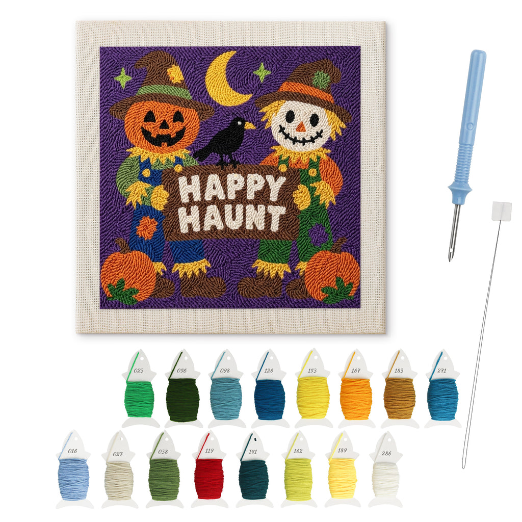 Happy Haunt Scarecrows punch needle kit: finished canvas with threads, punch needle and threader