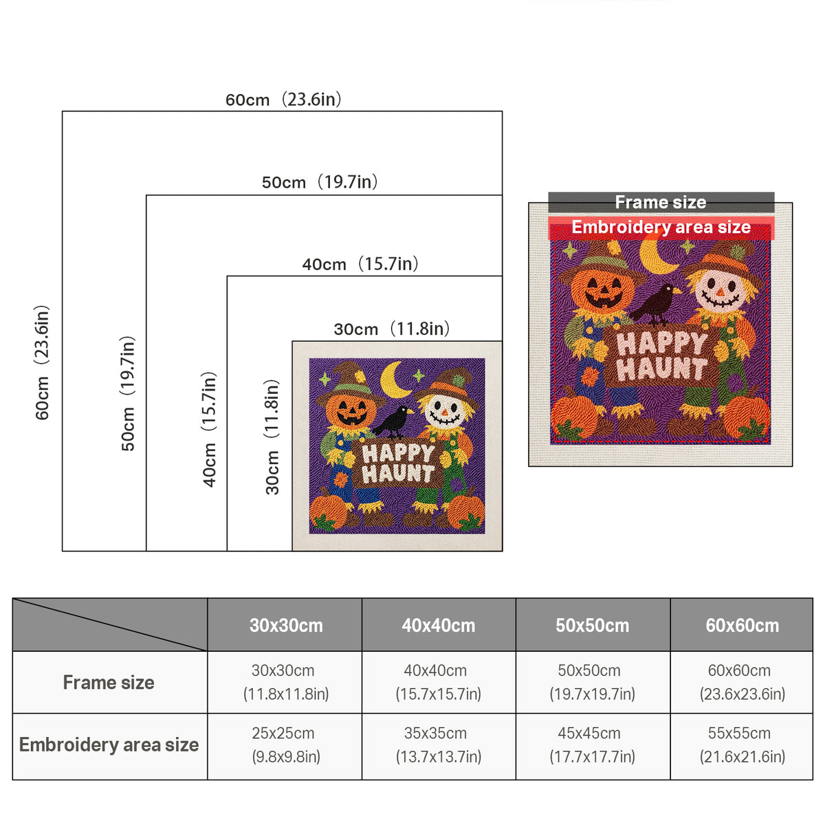 Size chart for square punch needle kits from 30 x 30 cm to 60 x 60 cm
