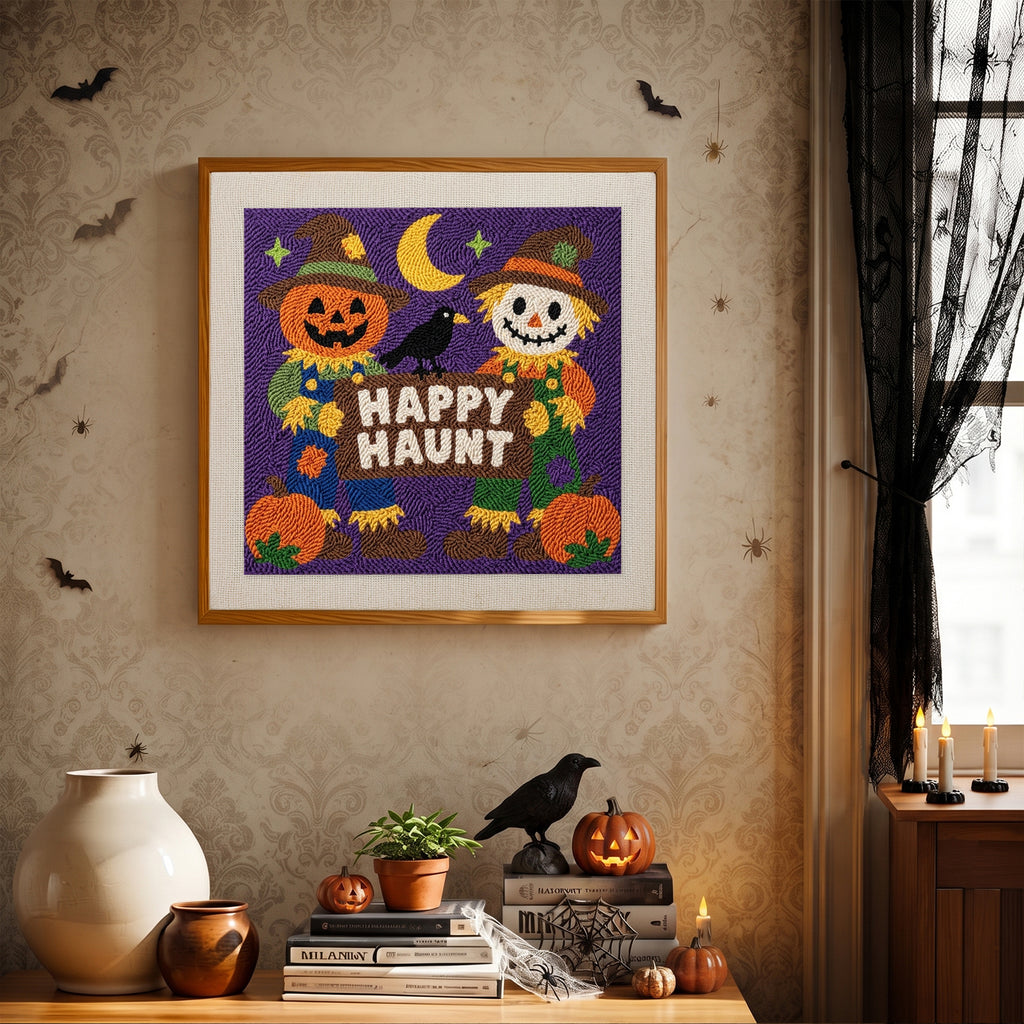 Finished Happy Haunt Scarecrows punch needle canvas on a wall