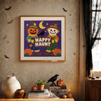 Finished Happy Haunt Scarecrows punch needle canvas on a wall