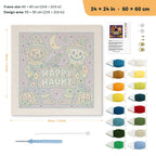 Happy Haunt Scarecrows punch needle kit, 24 × 24 in (60 × 60 cm): canvas size and kit contents