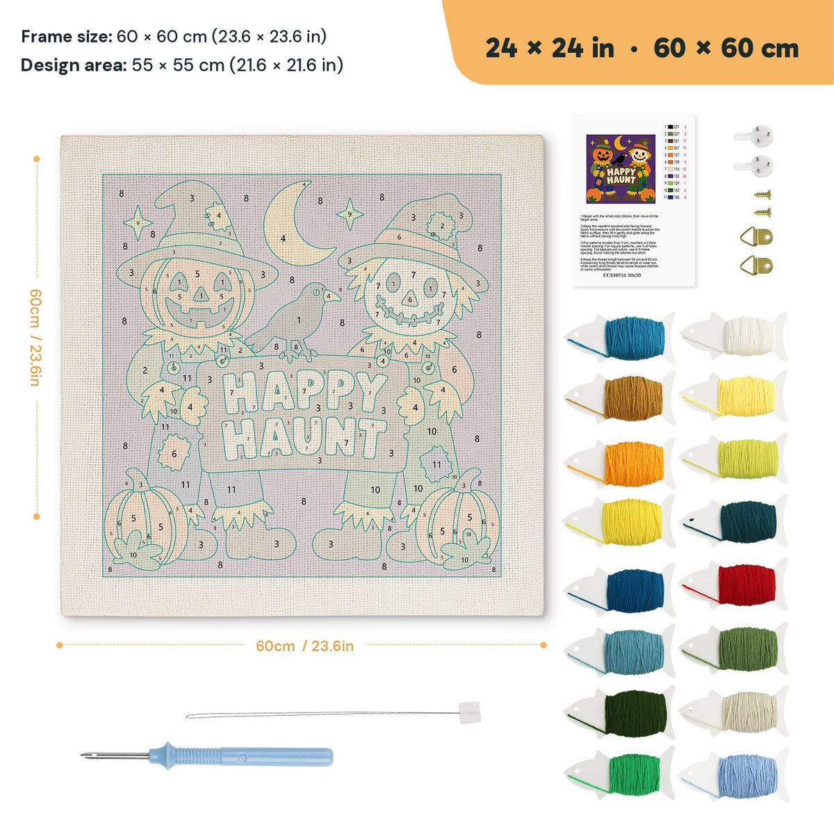 Happy Haunt Scarecrows punch needle kit, 24 × 24 in (60 × 60 cm): canvas size and kit contents