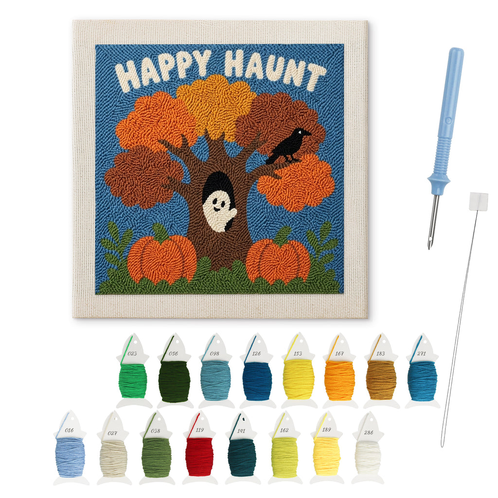 Happy Haunt Tree punch needle kit: finished canvas with threads, punch needle and threader