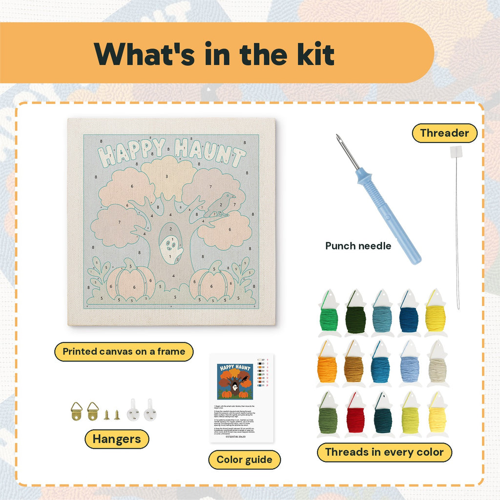 What is in the Happy Haunt Tree kit: printed canvas, punch needle, threader, threads, color guide and hangers