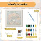 What is in the Happy Haunt Tree kit: printed canvas, punch needle, threader, threads, color guide and hangers