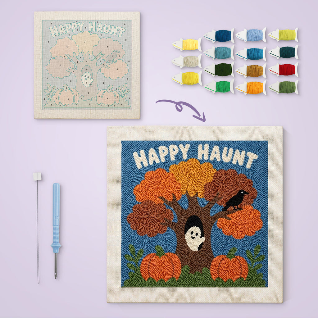 Happy Haunt Tree canvas before and after punching, with the threads and tools