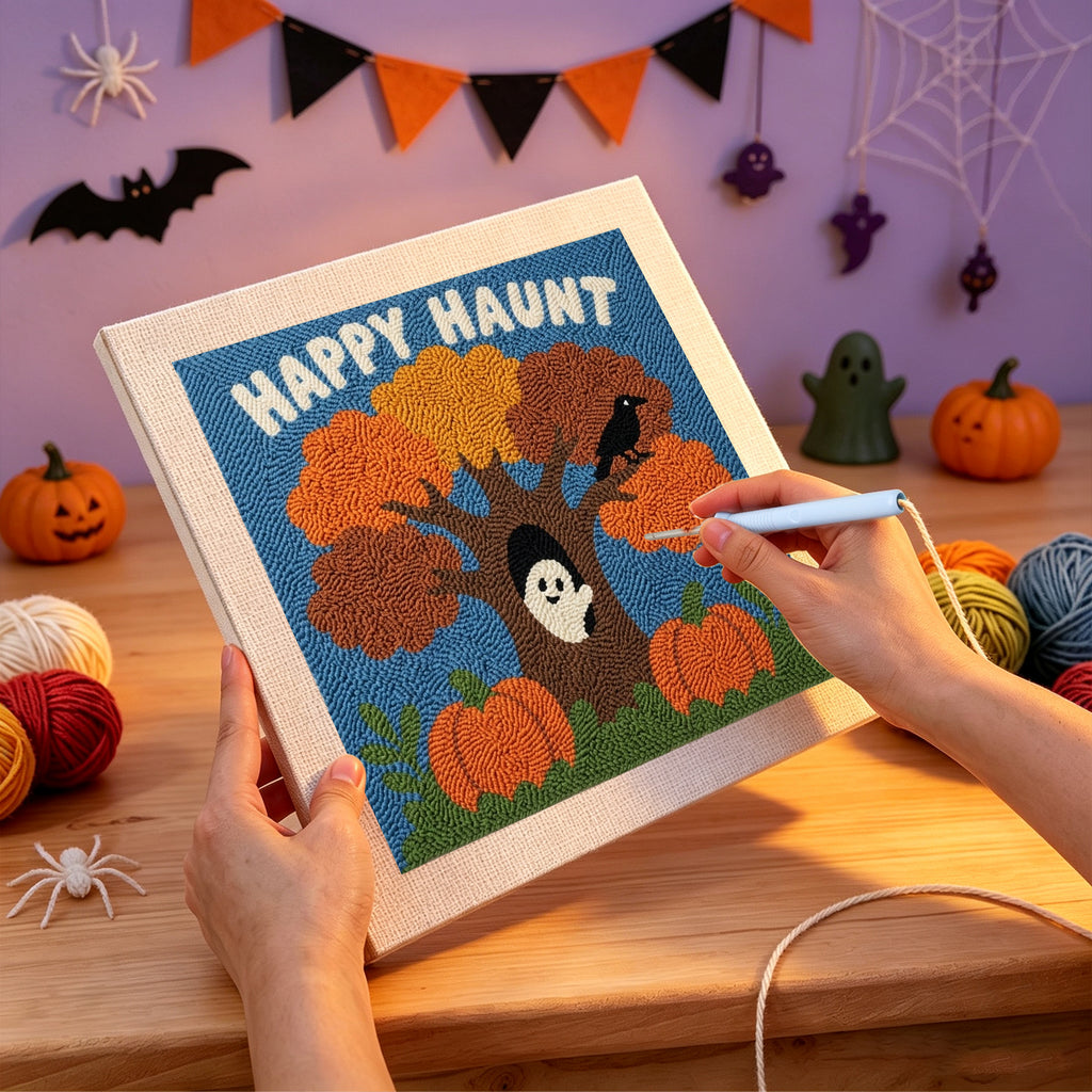 Punching the Happy Haunt Tree design with the punch needle