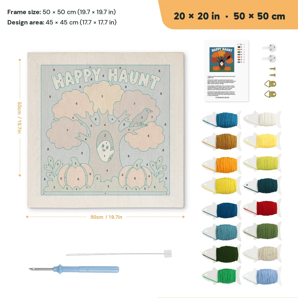 Happy Haunt Tree punch needle kit, 20 × 20 in (50 × 50 cm): canvas size and kit contents