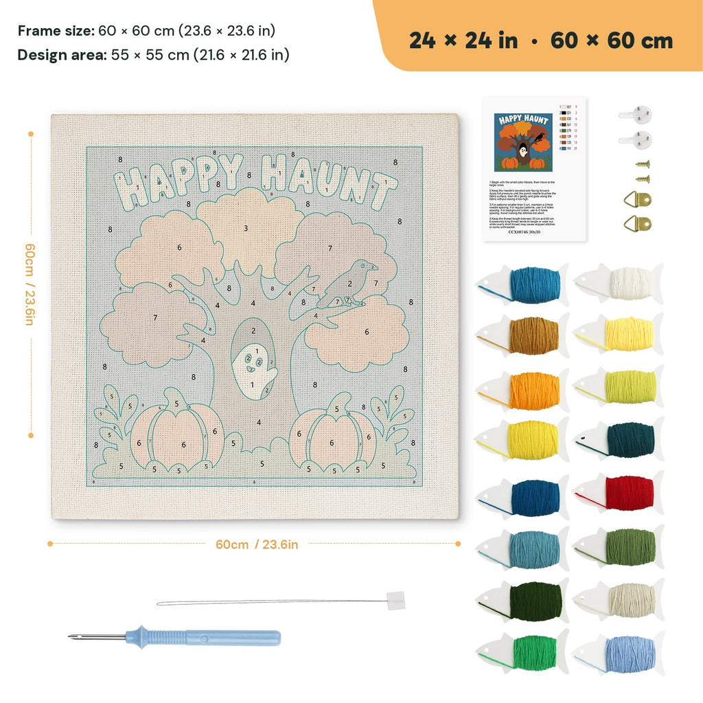 Happy Haunt Tree punch needle kit, 24 × 24 in (60 × 60 cm): canvas size and kit contents