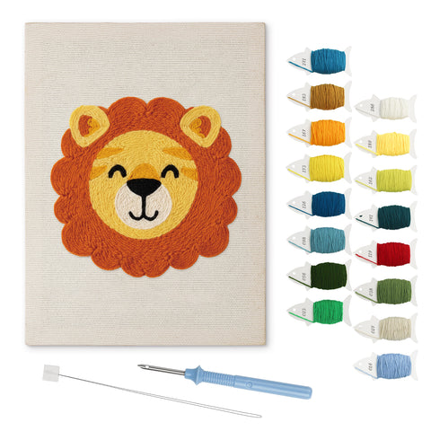 Happy Lion punch needle kit: finished canvas with threads, punch needle and threader
