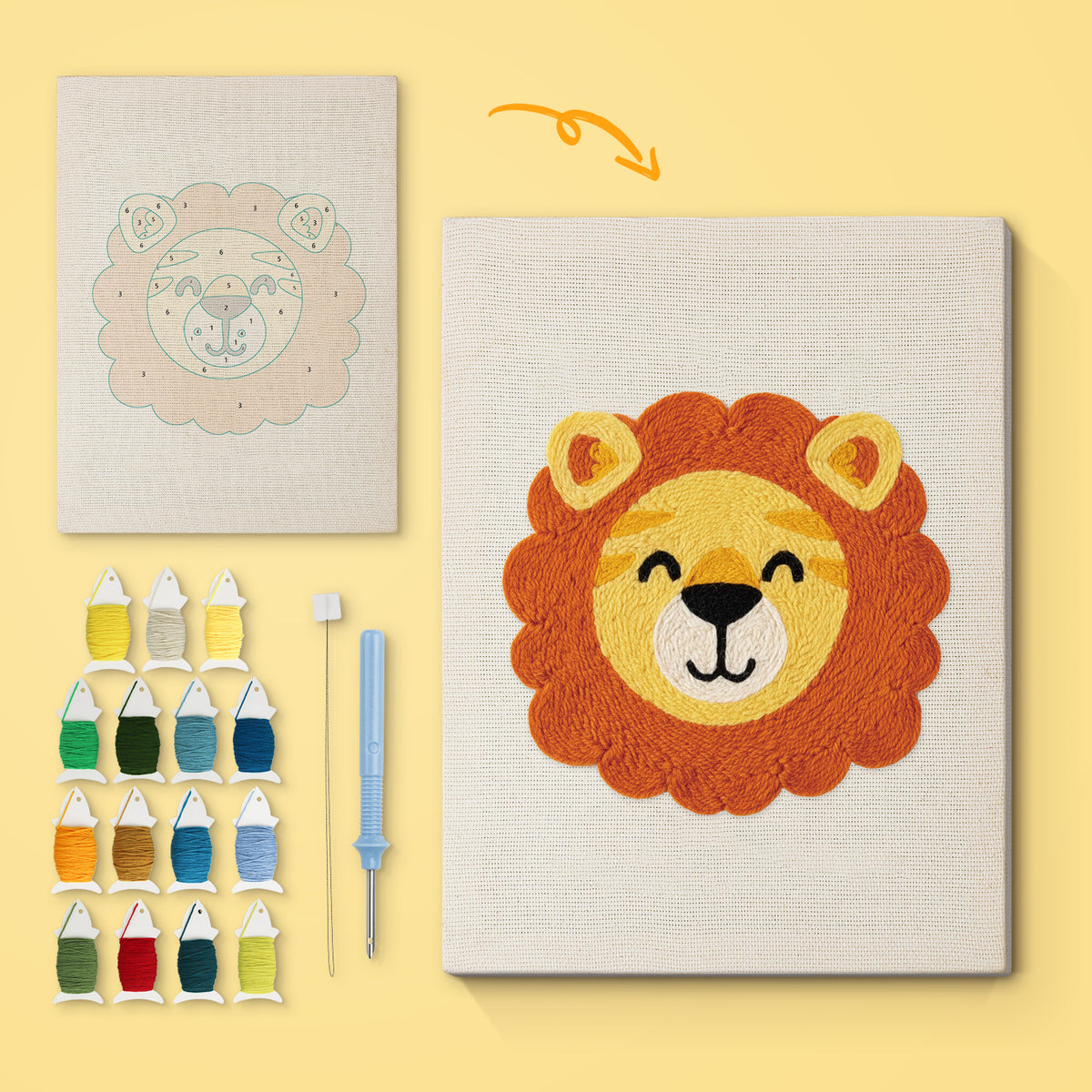 Happy Lion canvas before and after punching, with the threads and tools