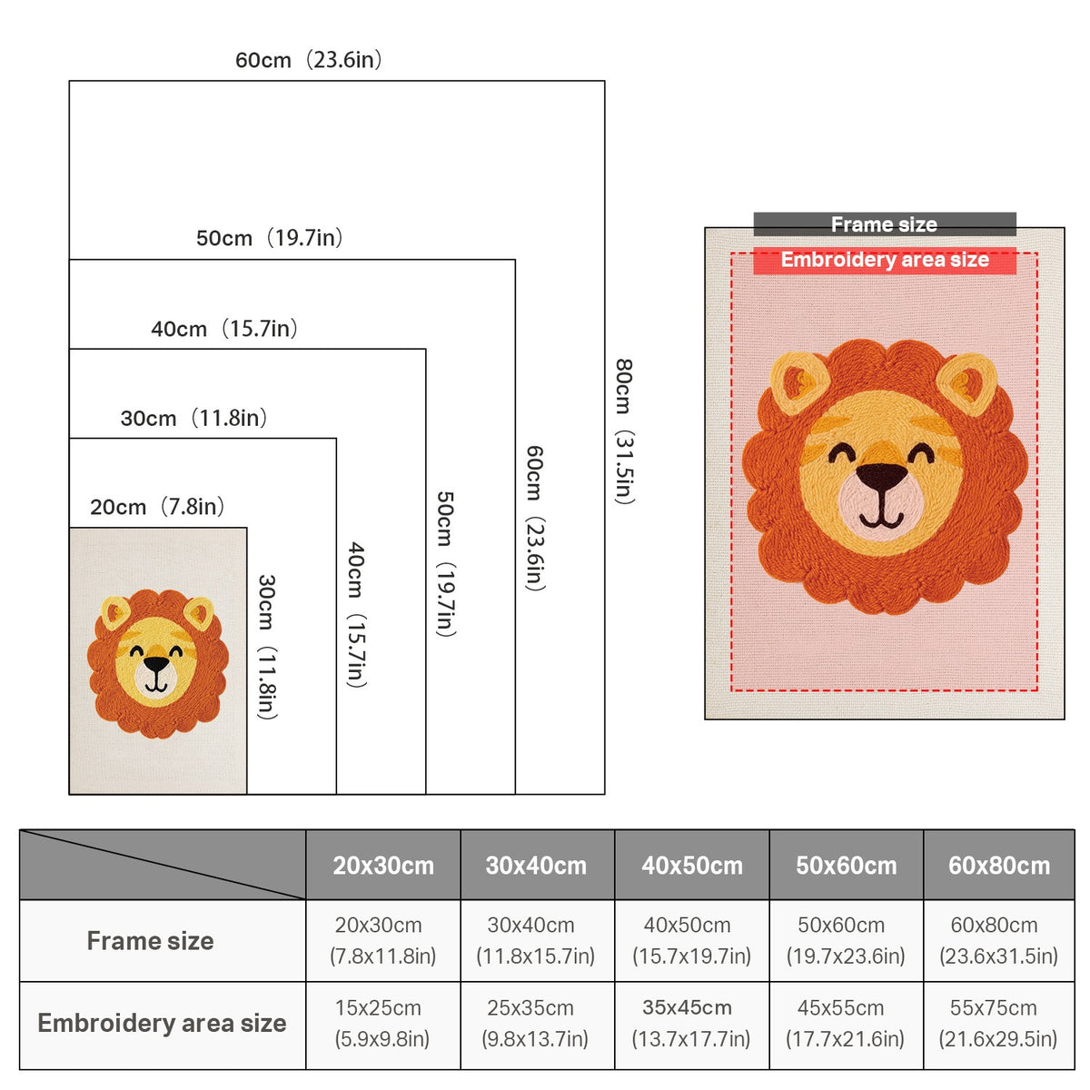 Size chart for punch needle kits from 20 x 30 cm to 60 x 80 cm