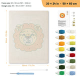 Happy Lion punch needle kit, 20 × 24 in (50 × 60 cm): canvas size and kit contents