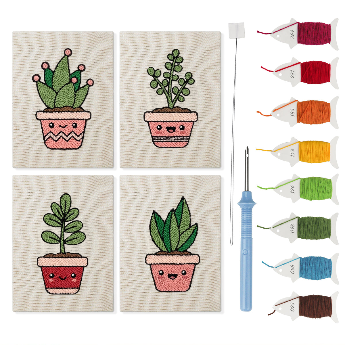Happy Little Planters mini punch needle kit set: four finished canvases with threads, punch needle and threader