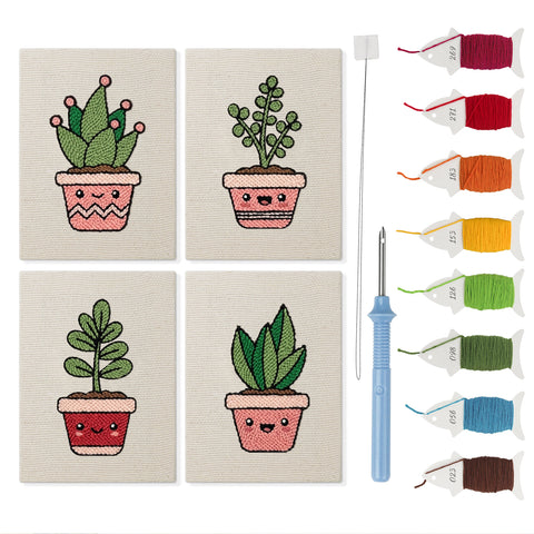 Happy Little Planters mini punch needle kit set: four finished canvases with threads, punch needle and threader