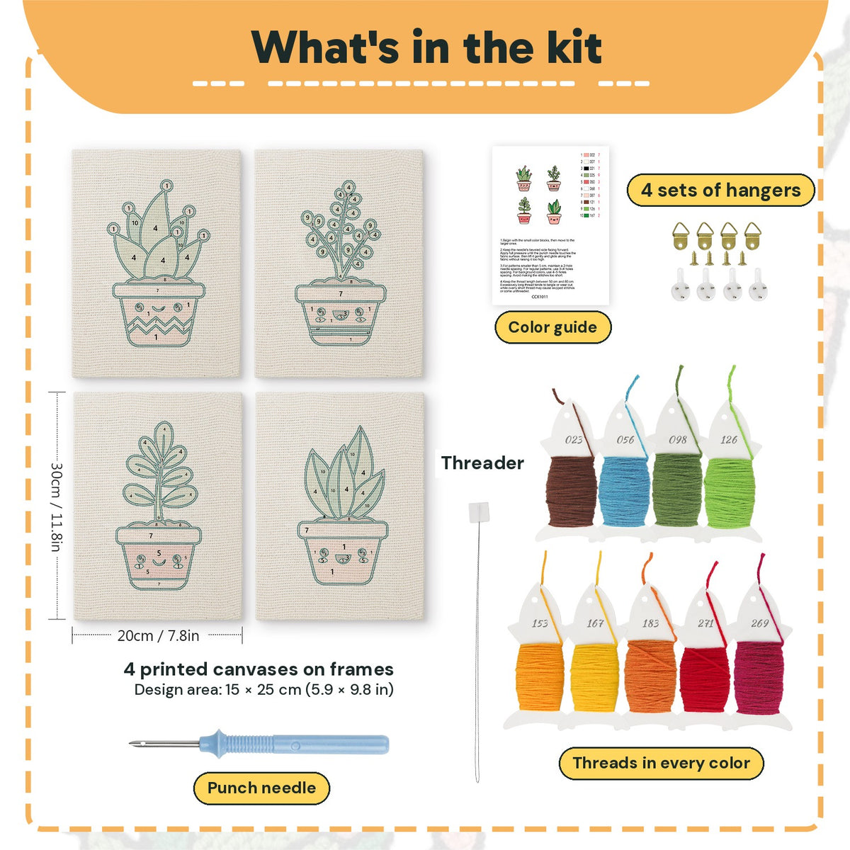 What is in the Happy Little Planters set, 8 × 12 in (20 × 30 cm) each: 4 printed canvases, punch needle, threader, threads, color guide and 4 sets of hangers