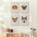 The four Happy Pup Faces mini canvases on a wall above a shelf