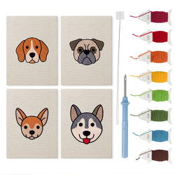 Happy Pup Faces mini punch needle kit set: four finished canvases with threads, punch needle and threader