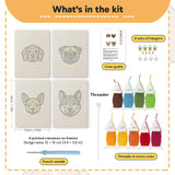 What is in the Happy Pup Faces set: 4 printed canvases, punch needle, threader, threads, color guide and 4 sets of hangers (6 × 8 in (15 × 20 cm) each)