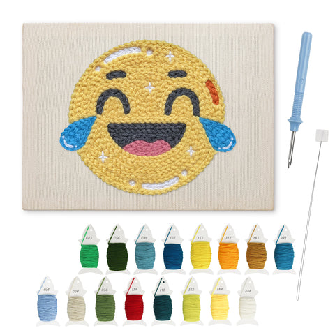 Happy Tears Face punch needle kit: finished canvas with threads, punch needle and threader