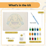 What is in the Happy Tears Face kit: printed canvas, punch needle, threader, threads, color guide and hangers