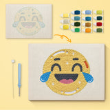 Happy Tears Face canvas before and after punching, with the threads and tools