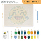 Happy Tears Face punch needle kit, 24 × 32 in (60 × 80 cm): canvas size and kit contents