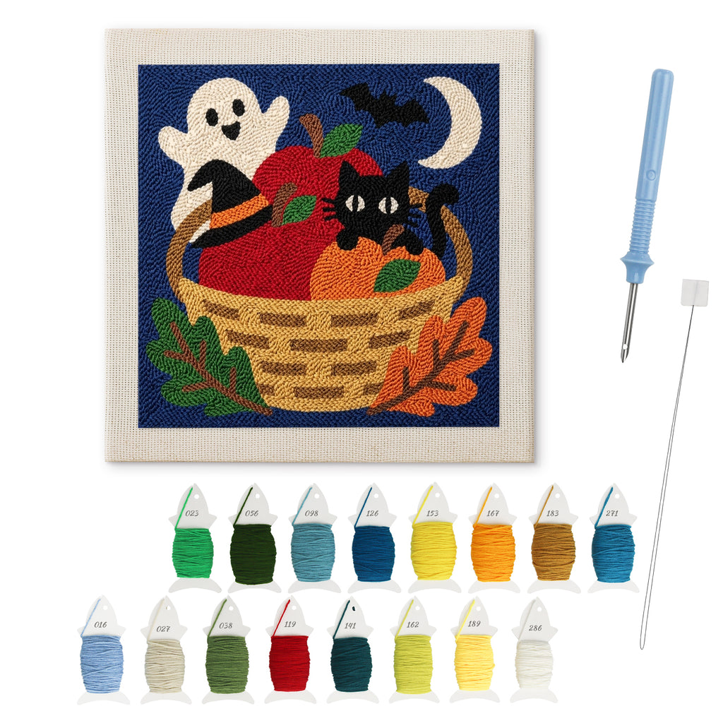 Harvest Basket Cat punch needle kit: finished canvas with threads, punch needle and threader