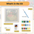 What is in the Harvest Basket Cat kit: printed canvas, punch needle, threader, threads, color guide and hangers