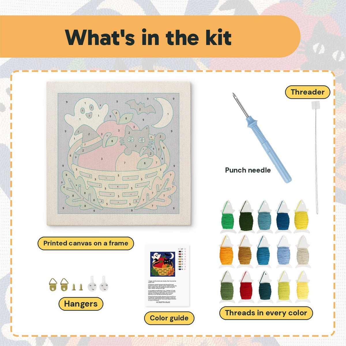 What is in the Harvest Basket Cat kit: printed canvas, punch needle, threader, threads, color guide and hangers